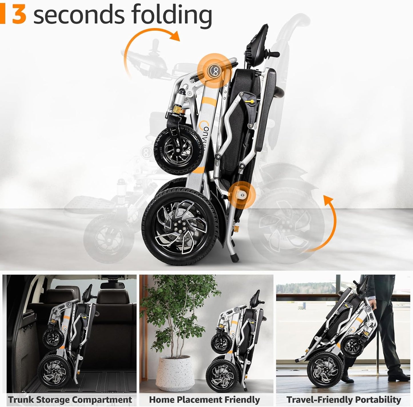 30 Miles Long Travel Range, CONVYU Electric Wheelchairs for Adults, Power Wheelchair for Seniors, 600W Motor, 120W Fast Charge,Lightweight Foldable All Terrain Motorized Wheelchair, Airline Approved