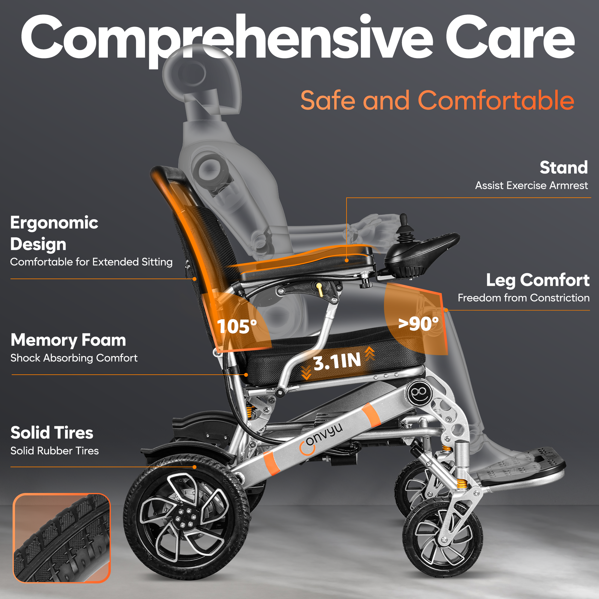CONVYU's third-generation electric wheelchair, the EW-09, offers a range of up to 35 miles, a 700-watt motor, and solid rubber tires. The wheelchair lets you travel as you please.