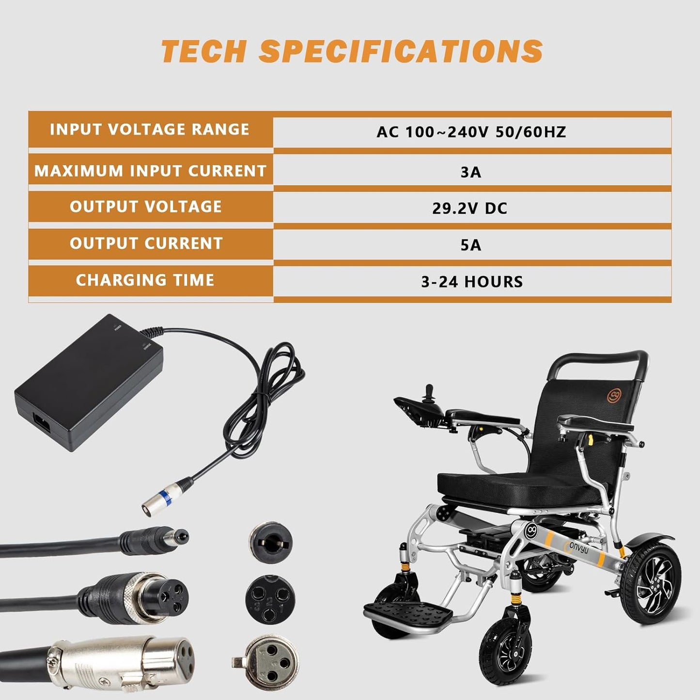 24V 5A Rapid Battery Charger (3-pin XLR Connector) with 3 Universal sockets Lithium Smart Auto Battery Charger for Wheelchairs & Scooters (100-240V Input)