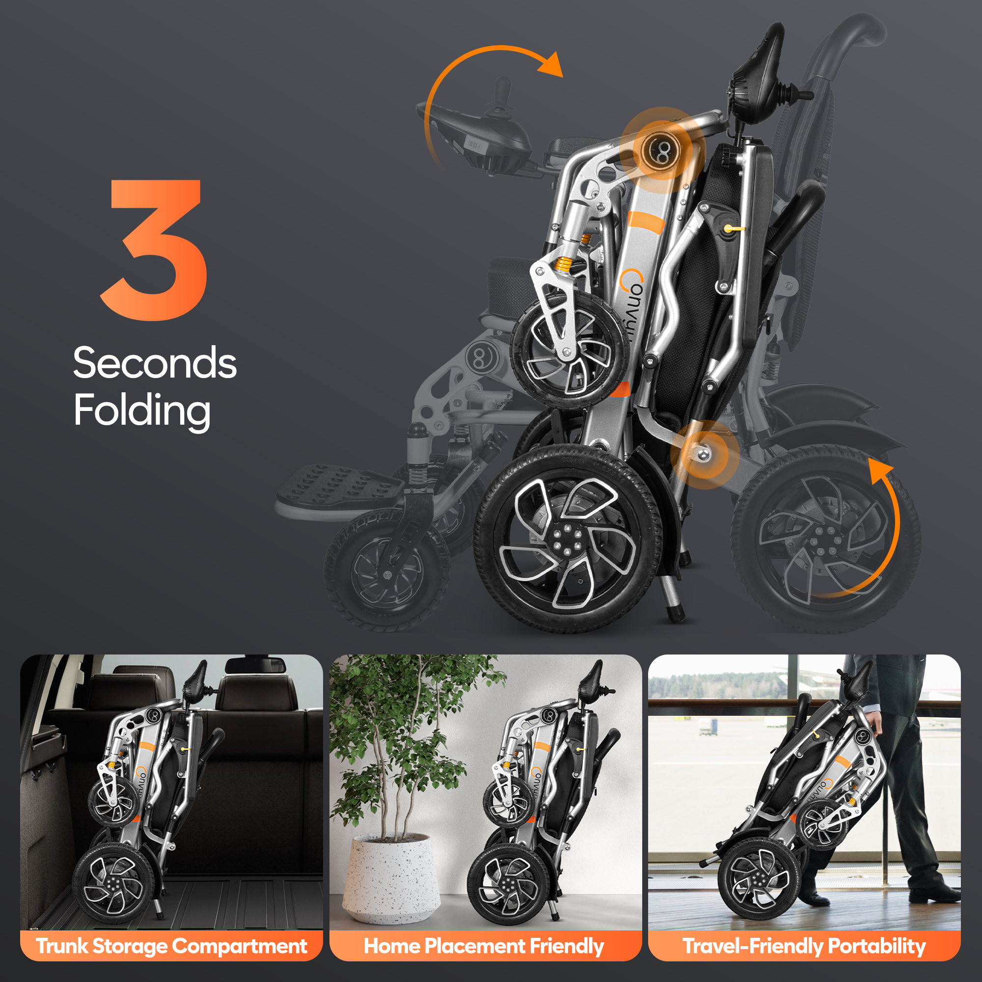 CONVYU's third-generation electric wheelchair, the EW-09, offers a range of up to 35 miles, a 700-watt motor, and solid rubber tires. The wheelchair lets you travel as you please.